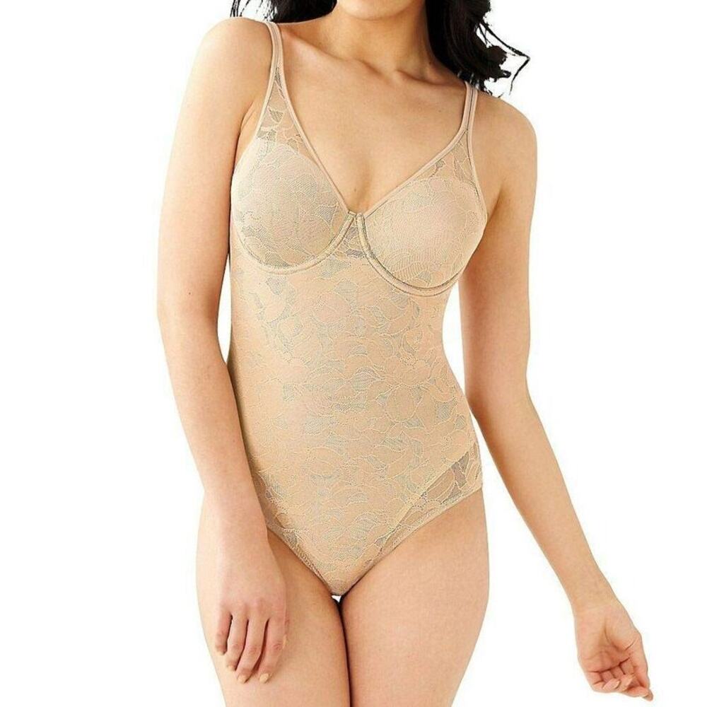 BALI Womens Ultra Light Firm Control Bodysuit Nude Floral Lace - Size 34C NWT